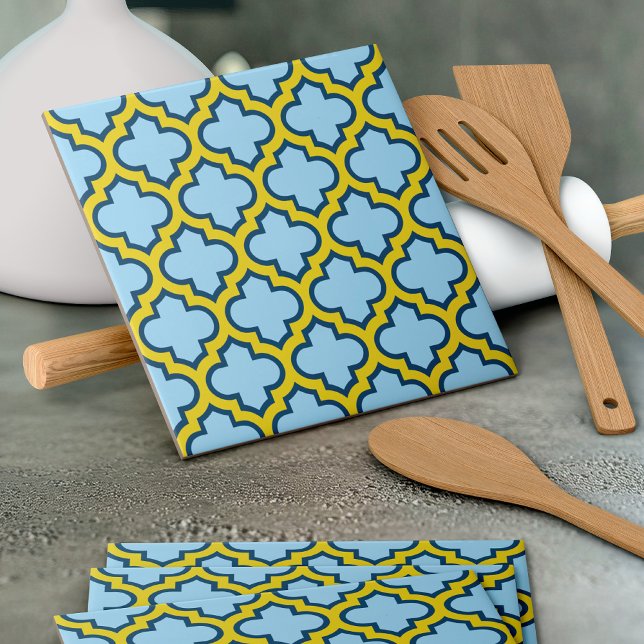 Carreau Trellis bleu et jaune, treillis, Quatrefoil (Créateur téléchargé)