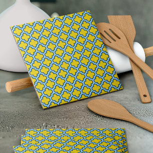 Carreau Trellis jaune et bleu bébé, treillis, Quatrefoil
