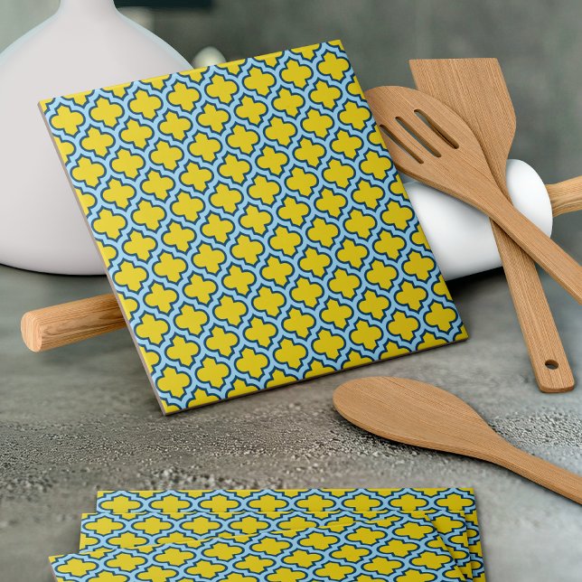 Carreau Trellis jaune et bleu bébé, treillis, Quatrefoil (Créateur téléchargé)
