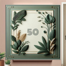 Trendy Sage Green Art Deco Leaves Botanical Number