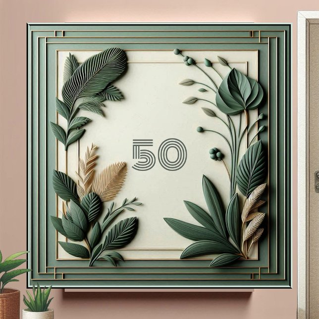 Carreau Trendy Sage Green Art Deco Leaves Botanical Number (Trendy Sage Green Art Deco Leaves Botanical Number Ceramic Tile)
