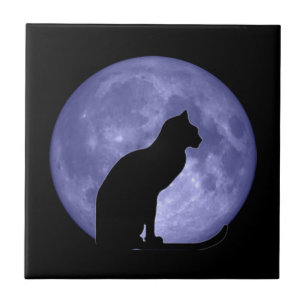Carreau Trépied de tuile de lune bleue de chat noir
