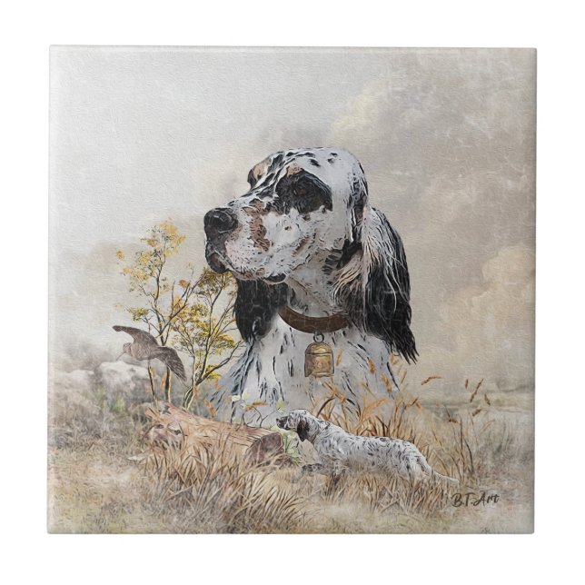 Carreau Tri Couleur Anglais Setter Art, chasse en bois (Devant)
