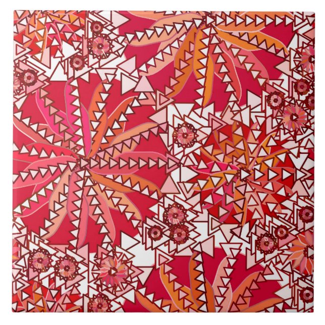 Carreau Tribal Mandala Print, Coral rouge et blanc (Devant)