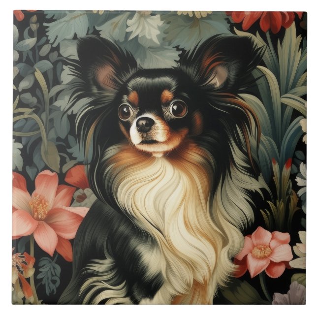 Carreau Tricolore des cheveux longs Chihuahua dans un jard (Devant)