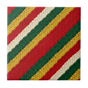 Carreau Tricot rayé festif en rouge, vert, or, crème