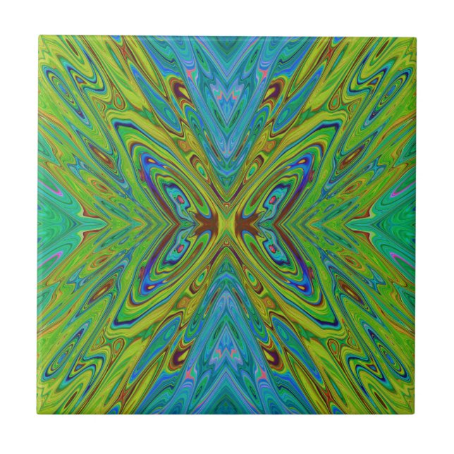 Carreau Trippy Chartreuse et Bleu papillon Abstrait (Devant)