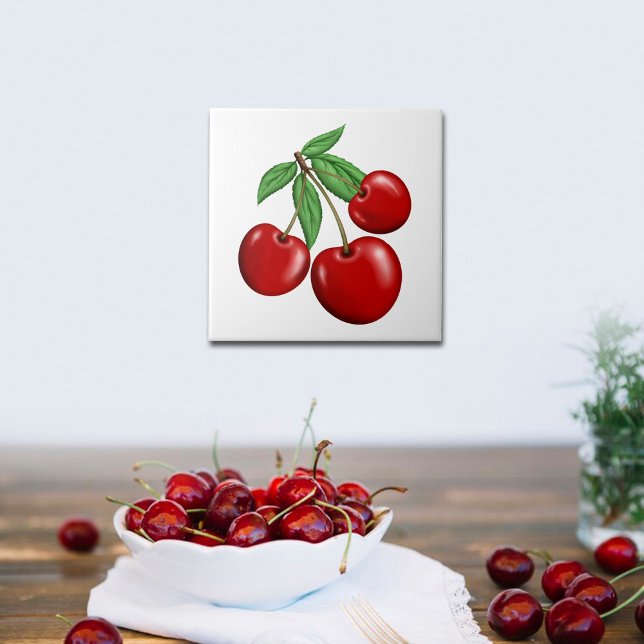 Carreau Trois Cerises Fruites Rouges (Cherries Ceramic Tiles, use for kitchen backsplash, walls or order with optional frame for decor.)