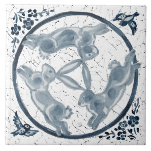 Carreau Trois lièvre vintage Trio bleu et blanc Delft
