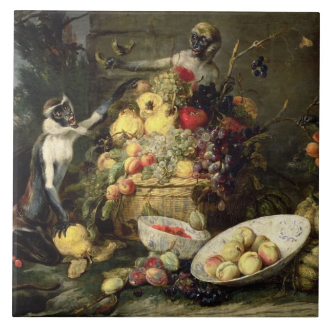 Carreau Trois singes volant le fruit (huile sur la toile) (Devant)