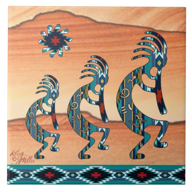Carreau Trois tuile en céramique Turquoise Kokopelli (Devant)