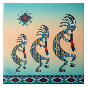 Carreau Trois tuile en céramique Turquoise Kokopelli