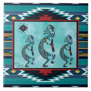 Carreau Trois tuile en céramique Turquoise Kokopelli