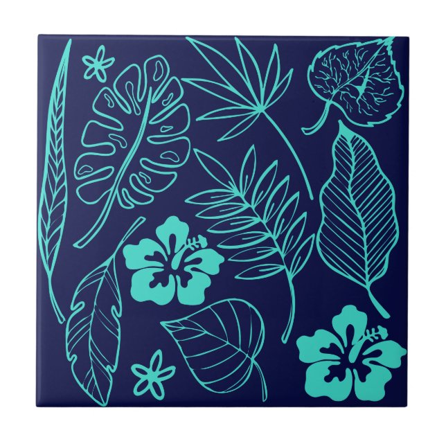 Carreau Tropical Feuille Floral Navy Turquoise (Devant)