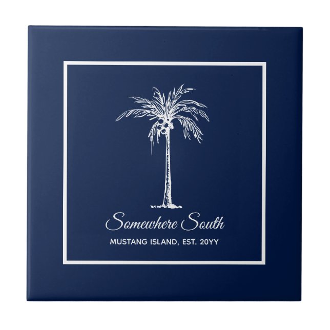 Carreau Tropical Navy Blue White Palm Tree Personnalisé (Devant)