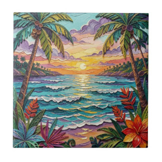 Carreau Tropical Paradise | Coastal Beach Scene Impasto