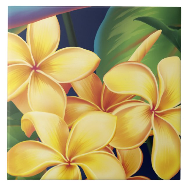 Carreau Tropical Paradise Plumeria Hawaiian Tiles & Trivet (Devant)