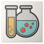 Carreau Tube d'essai de chimie et bécher<br><div class="desc">Tuile en céramique avec une jolie illustration d'un tube d'essai tenant du liquide jaune et un flacon/bécher arrondi tenant du liquide vert avec des bulles rouges.</div>