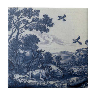 Carreau Tuile bleue antique de Delft - bétail et oiseaux