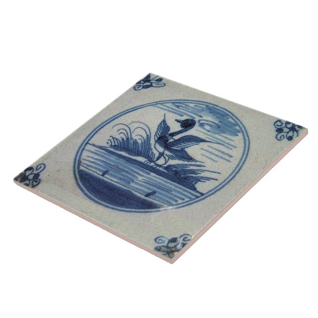 Carreau Tuile bleue antique de Delft - canard dans l'eau (Côté)