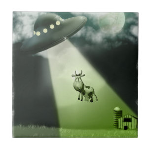 Carreau Tuile comique d'abduction de vache à UFO