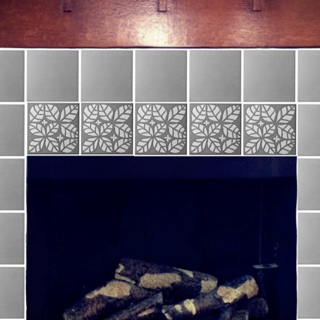 Carreau Tuile de cuisine, Gris et blanc Feuilles d'Ovate (Gray and white Ovate tile with gray speckled. Shown on a fireplace.)