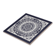 Tuile en céramique d'art de mandala bleu de minuit