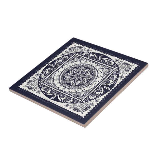 Carreau Tuile en céramique d'art de mandala bleu de minuit (Côté)