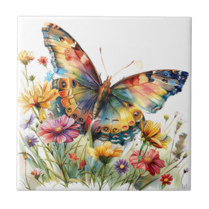 Carreau Tuile en céramique papillon et Fleur sauvage