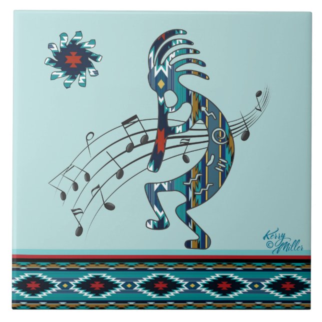 Carreau Tuile en céramique Turquoise Kokopelli (Devant)
