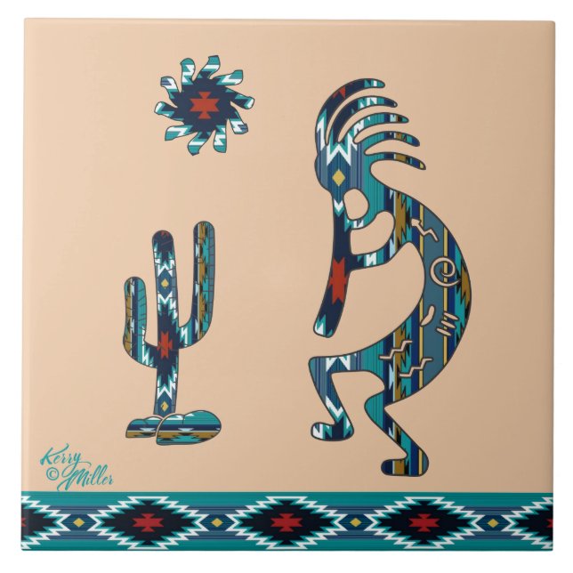 Carreau Tuile en céramique Turquoise Kokopelli (Devant)