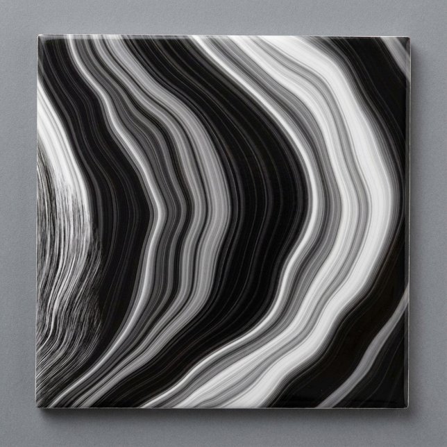 Carreau Tuile en marbre noir et blanc (Black and white marble agate effect tile.)