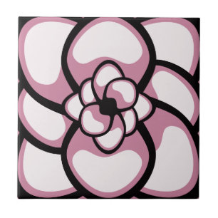 Carreau Tuile, fleur abstraite 3, rose, noir, blanc
