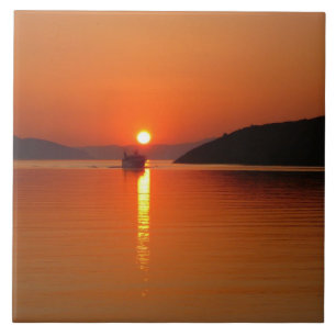 Carreau Tuile grecque de photo de coucher du soleil d'île