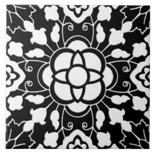 Carreau Tuile marocaine florale, noire et blanche