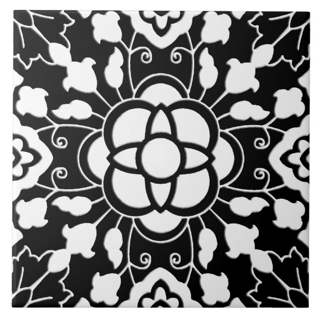 Carreau Tuile marocaine florale, noire et blanche (Devant)