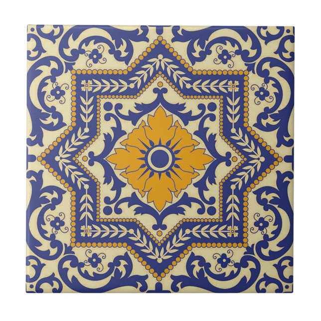 Carreau Tuile orange bleue de style en céramique d'Azulejo (Devant)