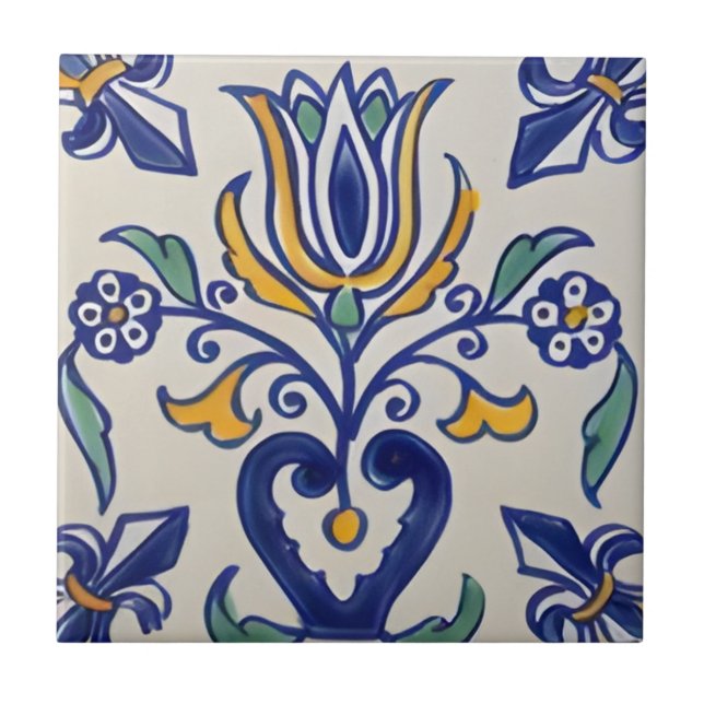 Carreau tuiles classiques toscane bleu jaune motif floral (Devant)