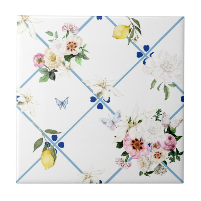 Carreau tuiles siciliennes, mosaïque, fleurs, citron, (Devant)