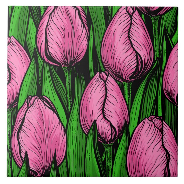 Carreau Tulières roses avec feuilles verts (Devant)