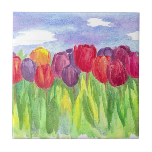 Carreau Tulip Flower Field Aquarelles arc-en-ciel (Devant)