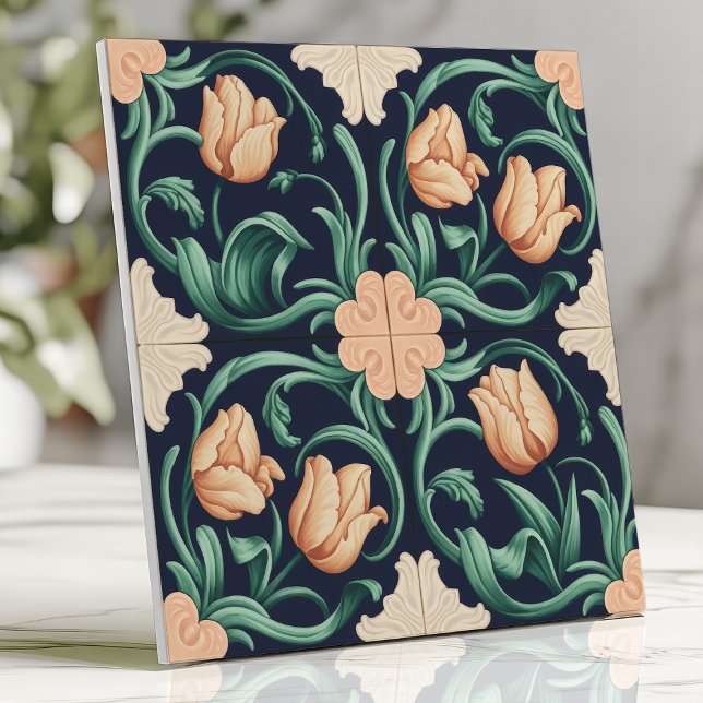 Carreau Tulipe Arts & Crafts Bleu foncé et pêche (Créateur téléchargé)