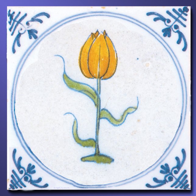 Carreau Tulipe jaune vintage Delft bleu et blanc  (Vintage Yellow Tulip Delft Tile Art Trivet)