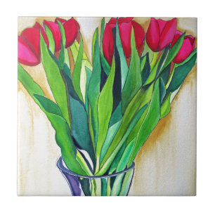 Carreau tulipe rose et rouge aquarelle art