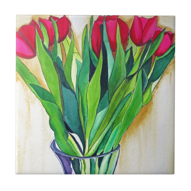 Carreau tulipe rose et rouge aquarelle art (Devant)