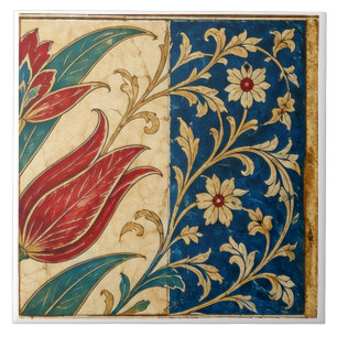 Carreau Tulipe rouge Cobalt Blue Ottoman Floral