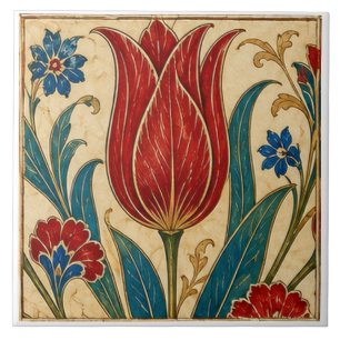 Carreau Tulipe rouge florale ottomane d'art Iznik