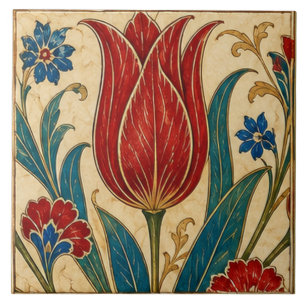 Carreau Tulipe rouge florale ottomane d'art Iznik