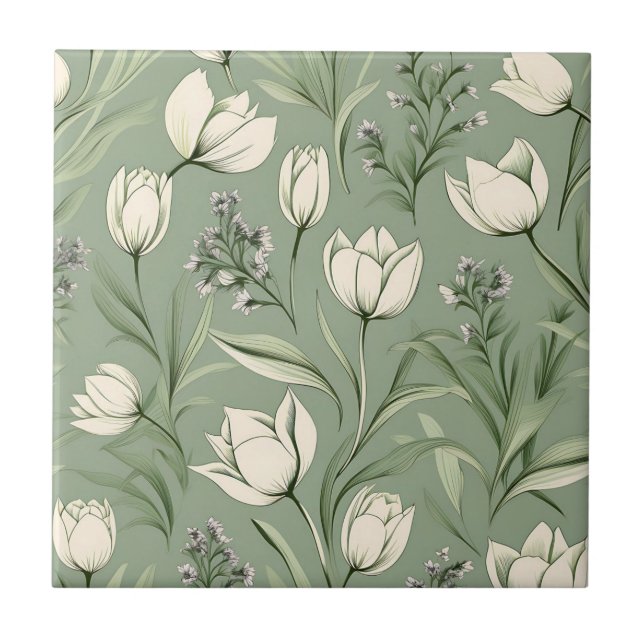 Carreau Tulipes Avec Feuilles Sur Vert Sage Clair (Devant)