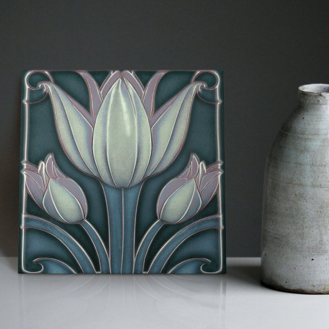 Carreau Tulipes blanches sur l'Art Nouveau symétrique bleu (Créateur téléchargé)